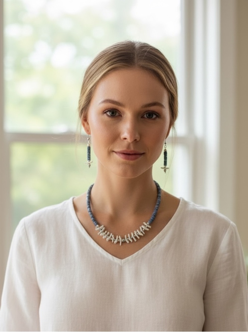 Blue Bead and White Coral Birds Necklace Women's Necklace and Earring Set